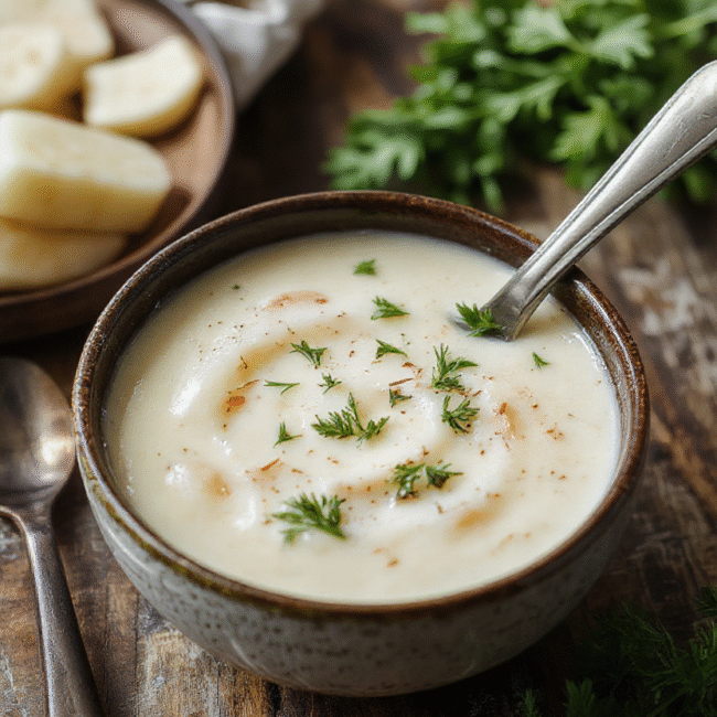 A bowl of creamy roasted garlic potato soup with swirls of plant-based cream, garnished with fresh herbs and roasted garlic cloves, served on a rustic wooden table with a spoon nearby and a sprig of thyme for garnish.