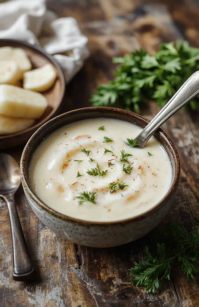 A bowl of creamy roasted garlic potato soup with swirls of plant-based cream, garnished with fresh herbs and roasted garlic cloves, served on a rustic wooden table with a spoon nearby and a sprig of thyme for garnish.