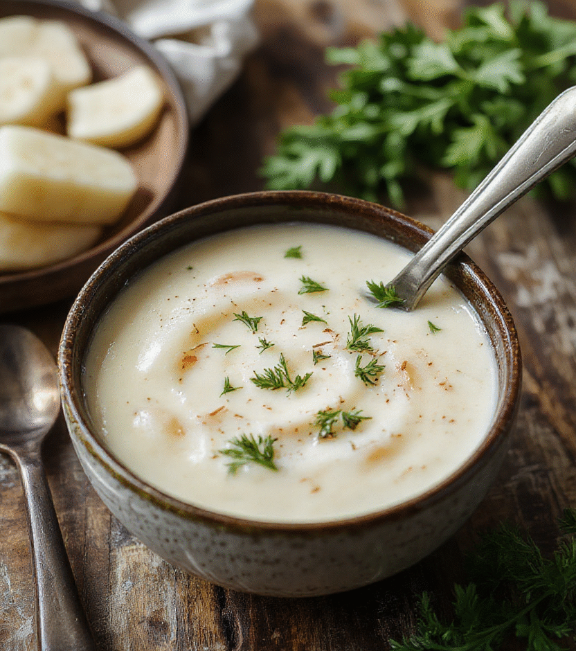A bowl of creamy roasted garlic potato soup with swirls of plant-based cream, garnished with fresh herbs and roasted garlic cloves, served on a rustic wooden table with a spoon nearby and a sprig of thyme for garnish.