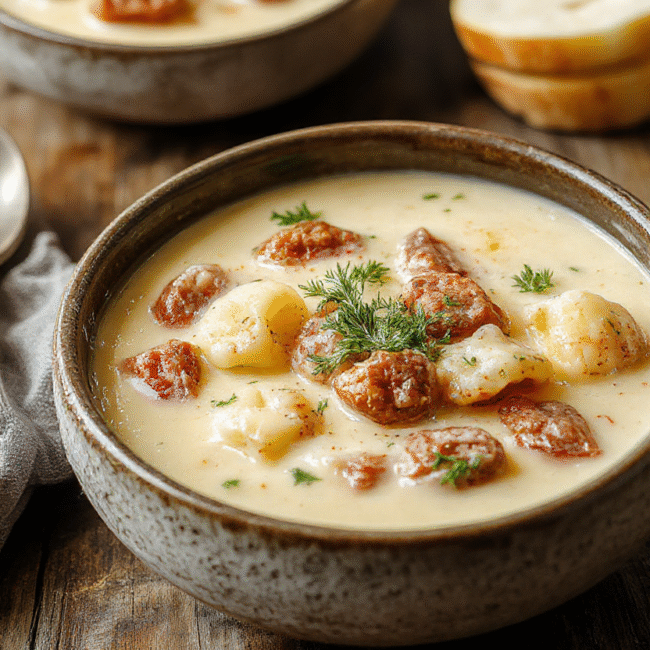 A bowl of creamy sausage and tortellini soup featuring tender tortellini, slices of sausage, fresh herbs, and grated cheese on top, served in a rustic white bowl with a spoon, set on a wooden table with a cozy background and natural daylight