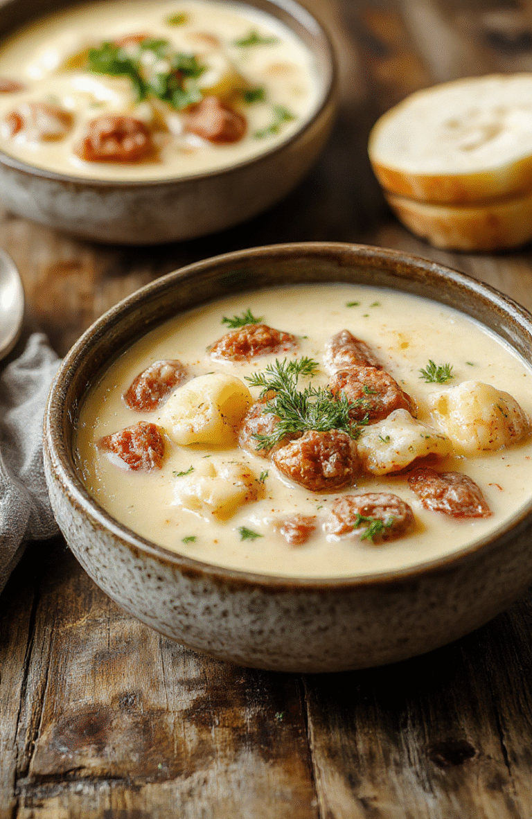A bowl of creamy sausage and tortellini soup featuring tender tortellini, slices of sausage, fresh herbs, and grated cheese on top, served in a rustic white bowl with a spoon, set on a wooden table with a cozy background and natural daylight