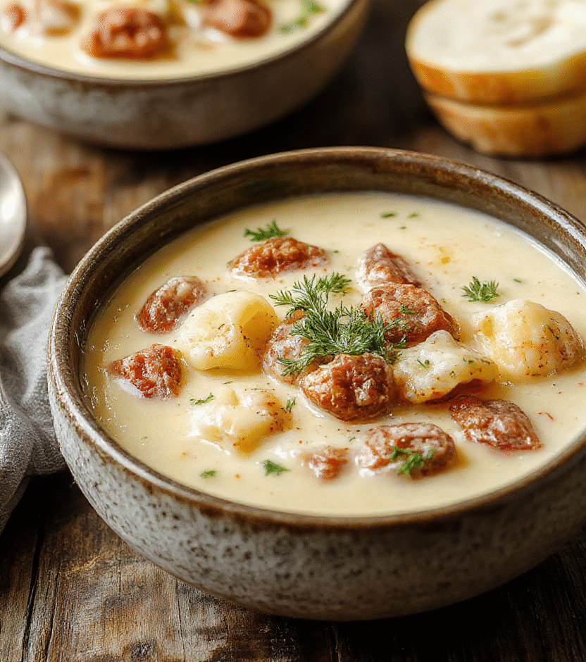 A bowl of creamy sausage and tortellini soup featuring tender tortellini, slices of sausage, fresh herbs, and grated cheese on top, served in a rustic white bowl with a spoon, set on a wooden table with a cozy background and natural daylight