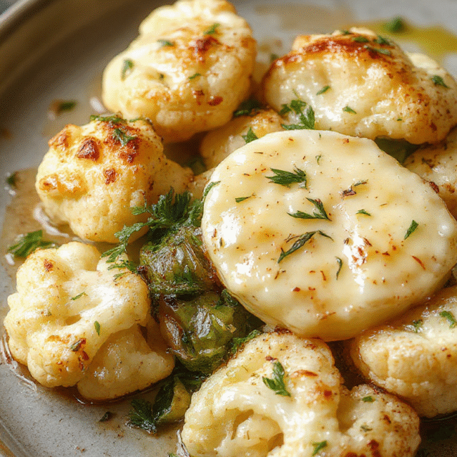 A vibrant plate featuring creamy cauliflower covered in golden vegan butter sauce, garnished with herbs, served on a rustic ceramic plate with a textured linen background. The cauliflower has tender, roasted edges and a smooth, rich sauce with a glossy finish, styled simply for a cozy, inviting look.