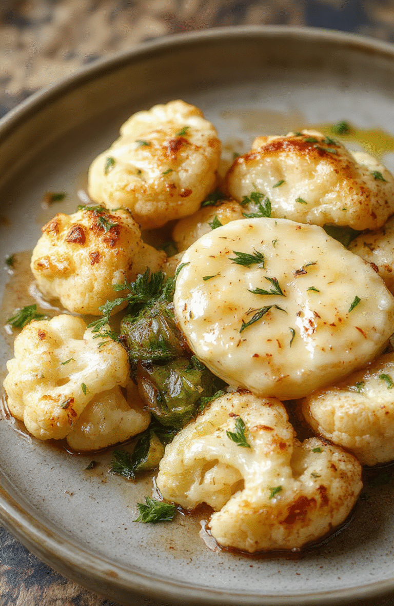 A vibrant plate featuring creamy cauliflower covered in golden vegan butter sauce, garnished with herbs, served on a rustic ceramic plate with a textured linen background. The cauliflower has tender, roasted edges and a smooth, rich sauce with a glossy finish, styled simply for a cozy, inviting look.