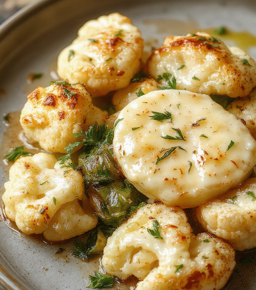 A vibrant plate featuring creamy cauliflower covered in golden vegan butter sauce, garnished with herbs, served on a rustic ceramic plate with a textured linen background. The cauliflower has tender, roasted edges and a smooth, rich sauce with a glossy finish, styled simply for a cozy, inviting look.