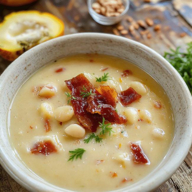 A vibrant bowl of creamy white bean soup topped with crispy bacon pieces, garnished with fresh herbs, served on a rustic wooden table with a neutral background, showcasing a rich, velvety texture and crispy bacon crumbles.