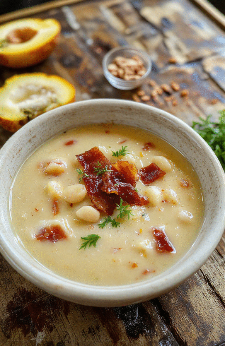 A vibrant bowl of creamy white bean soup topped with crispy bacon pieces, garnished with fresh herbs, served on a rustic wooden table with a neutral background, showcasing a rich, velvety texture and crispy bacon crumbles.