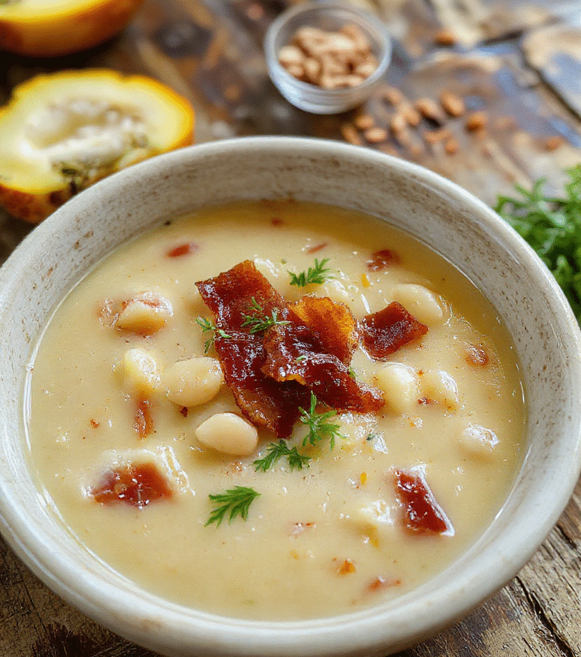 A vibrant bowl of creamy white bean soup topped with crispy bacon pieces, garnished with fresh herbs, served on a rustic wooden table with a neutral background, showcasing a rich, velvety texture and crispy bacon crumbles.