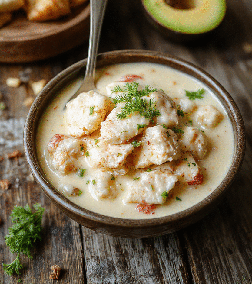 A steaming bowl of creamy white chicken chili garnished with fresh cilantro and shredded cheese, surrounded by colorful ingredients like corn, beans, and diced chicken on a rustic wooden table.