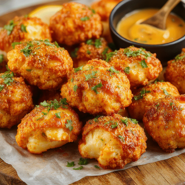 A vibrant plate of crispy buffalo cauliflower bites coated in spicy sauce, arranged neatly with a side of celery sticks and blue cheese dip, styled on a rustic wooden table, colorful and appetizing textures, in natural daylight.