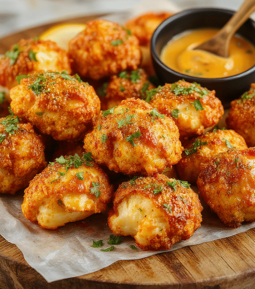 A vibrant plate of crispy buffalo cauliflower bites coated in spicy sauce, arranged neatly with a side of celery sticks and blue cheese dip, styled on a rustic wooden table, colorful and appetizing textures, in natural daylight.