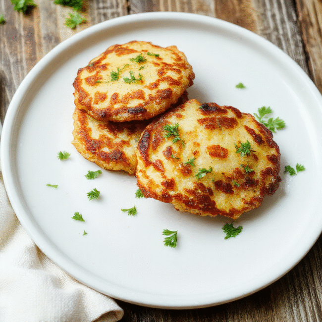 Golden crispy German potato pancakes stacked on a rustic white plate, garnished with fresh parsley and a dollop of sour cream, with a textured wooden background and natural lighting emphasizing their crispy exterior.