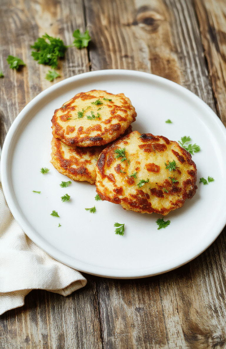 Golden crispy German potato pancakes stacked on a rustic white plate, garnished with fresh parsley and a dollop of sour cream, with a textured wooden background and natural lighting emphasizing their crispy exterior.