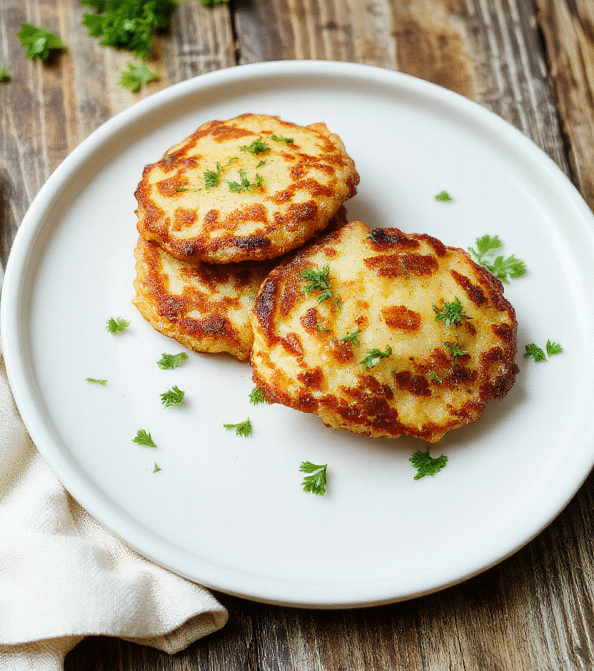 Golden crispy German potato pancakes stacked on a rustic white plate, garnished with fresh parsley and a dollop of sour cream, with a textured wooden background and natural lighting emphasizing their crispy exterior.