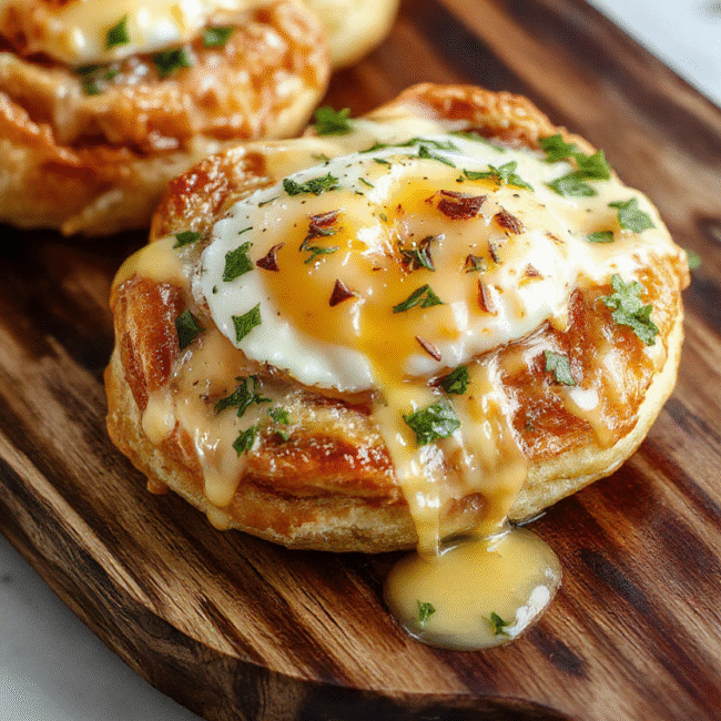 A golden, flaky puff pastry topped with a perfectly cooked fried egg and rich cheese sauce, garnished with fresh herbs, served on a rustic wooden board.