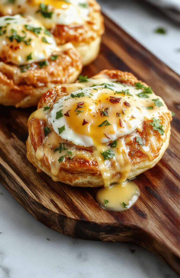 A golden, flaky puff pastry topped with a perfectly cooked fried egg and rich cheese sauce, garnished with fresh herbs, served on a rustic wooden board.