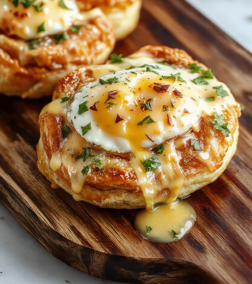 A golden, flaky puff pastry topped with a perfectly cooked fried egg and rich cheese sauce, garnished with fresh herbs, served on a rustic wooden board.