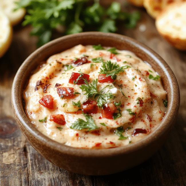A vibrant plate of bruschetta dip featuring diced tomatoes, basil, and garlic on toasted baguette slices, colorful herbs, and a rustic wooden background with a drizzle of balsamic glaze, capturing textures of crispy bread and fresh toppings.
