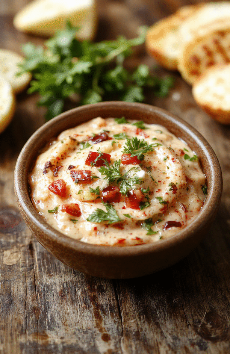 A vibrant plate of bruschetta dip featuring diced tomatoes, basil, and garlic on toasted baguette slices, colorful herbs, and a rustic wooden background with a drizzle of balsamic glaze, capturing textures of crispy bread and fresh toppings.