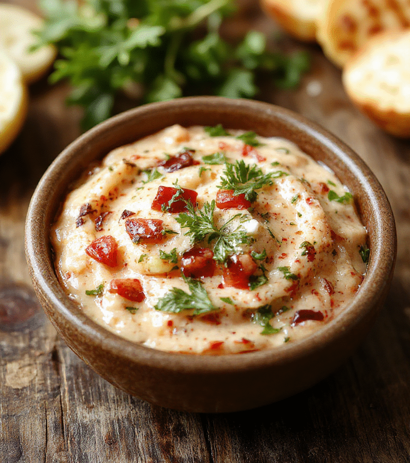 A vibrant plate of bruschetta dip featuring diced tomatoes, basil, and garlic on toasted baguette slices, colorful herbs, and a rustic wooden background with a drizzle of balsamic glaze, capturing textures of crispy bread and fresh toppings.