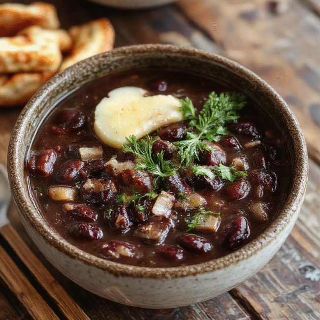 A vibrant bowl of black bean soup garnished with fresh cilantro, diced tomatoes, and a drizzle of sour cream, served on a rustic wooden table with a side of crusty bread, steam rising, colorful ingredients contrasting beautifully