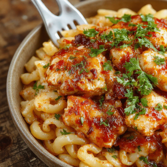A vibrant plate of Cajun chicken and orzo pasta garnished with chopped parsley, in a rustic bowl with a sprinkle of Cajun spices on top, colorful peppers and lemon wedge on the side, textured chicken pieces and tender grains of orzo, styled naturally with a wooden table background.