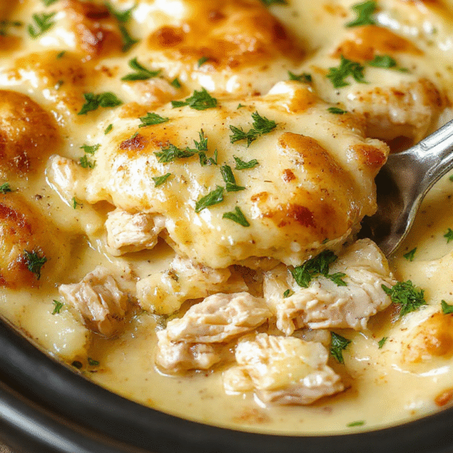 A warm, golden-brown chicken pot pie topped with flaky crust, served in a rustic bowl with steam rising, surrounded by fresh herbs and creamy filling textures.