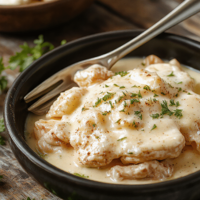 A creamy chicken Alfredo served in a white bowl with fettuccine, sliced grilled chicken, and a sprinkle of parsley on top, styled on a rustic wooden table with fresh ingredients in the background.