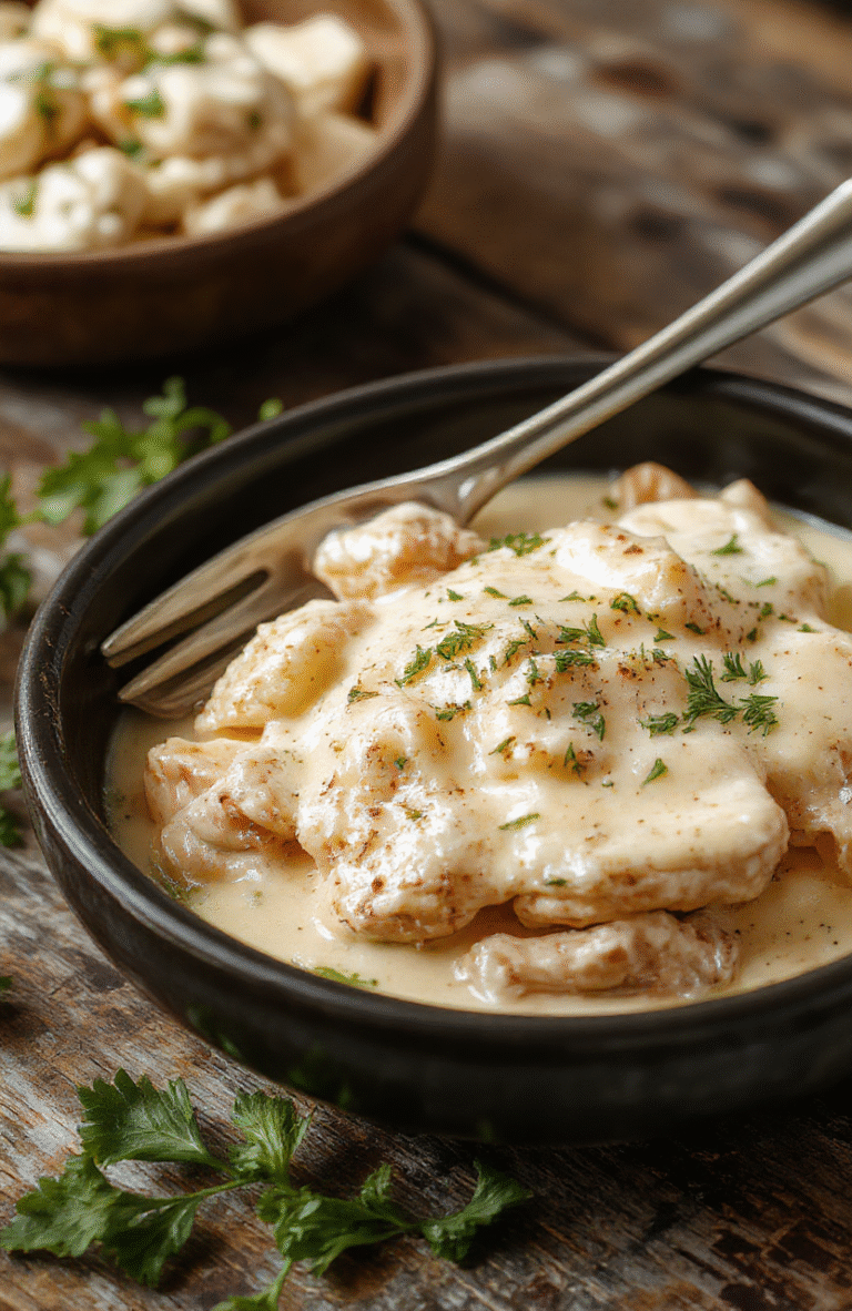 A creamy chicken Alfredo served in a white bowl with fettuccine, sliced grilled chicken, and a sprinkle of parsley on top, styled on a rustic wooden table with fresh ingredients in the background.