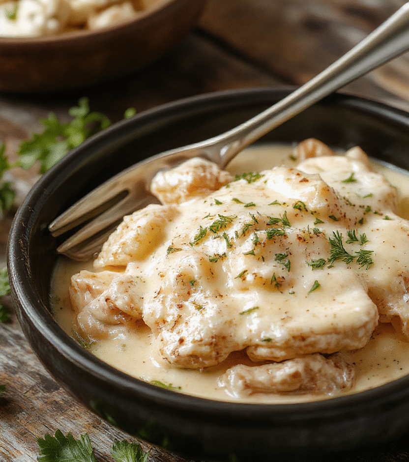 A creamy chicken Alfredo served in a white bowl with fettuccine, sliced grilled chicken, and a sprinkle of parsley on top, styled on a rustic wooden table with fresh ingredients in the background.