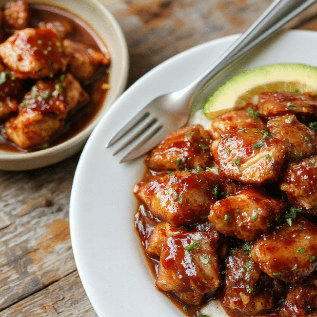 A colorful bowl of tender crockpot teriyaki chicken garnished with sesame seeds and chopped green onions, served alongside steamed rice on a wooden table, with a glossy sauce coating the chicken pieces and vibrant vegetables adding freshness, styled simply for a cozy home dinner.