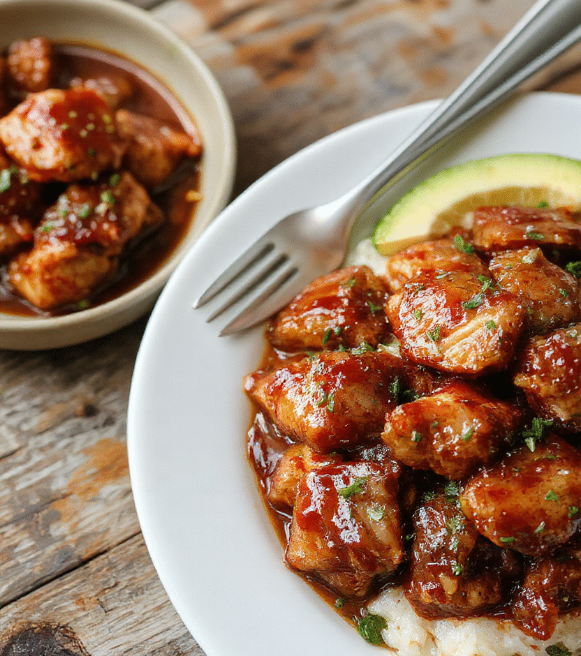 A colorful bowl of tender crockpot teriyaki chicken garnished with sesame seeds and chopped green onions, served alongside steamed rice on a wooden table, with a glossy sauce coating the chicken pieces and vibrant vegetables adding freshness, styled simply for a cozy home dinner.