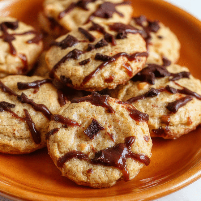 Colorful Halloween-themed spider cookies with glossy chocolate coating, peanut butter filling, and candy eyes, arranged on a festive orange plate with spooky decorations in the background.