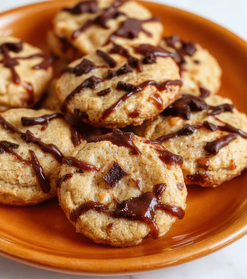 Colorful Halloween-themed spider cookies with glossy chocolate coating, peanut butter filling, and candy eyes, arranged on a festive orange plate with spooky decorations in the background.