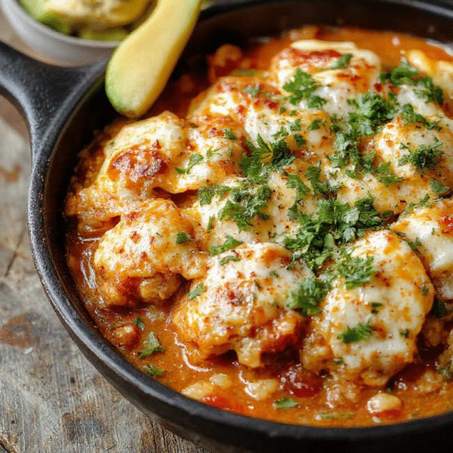 Colorful enchilada skillet featuring layers of melted cheese, vibrant red enchilada sauce, fresh chopped herbs, and golden-brown baked tortillas arranged in a rustic skillet style.