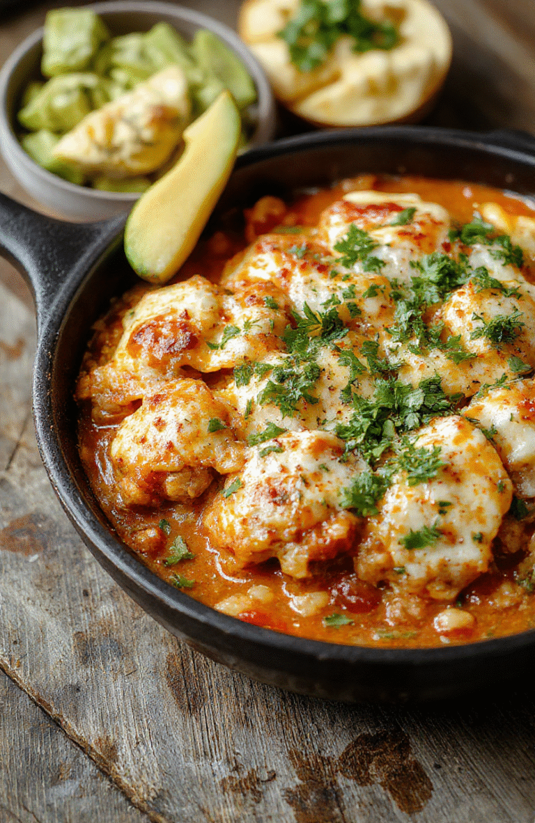 Colorful enchilada skillet featuring layers of melted cheese, vibrant red enchilada sauce, fresh chopped herbs, and golden-brown baked tortillas arranged in a rustic skillet style.