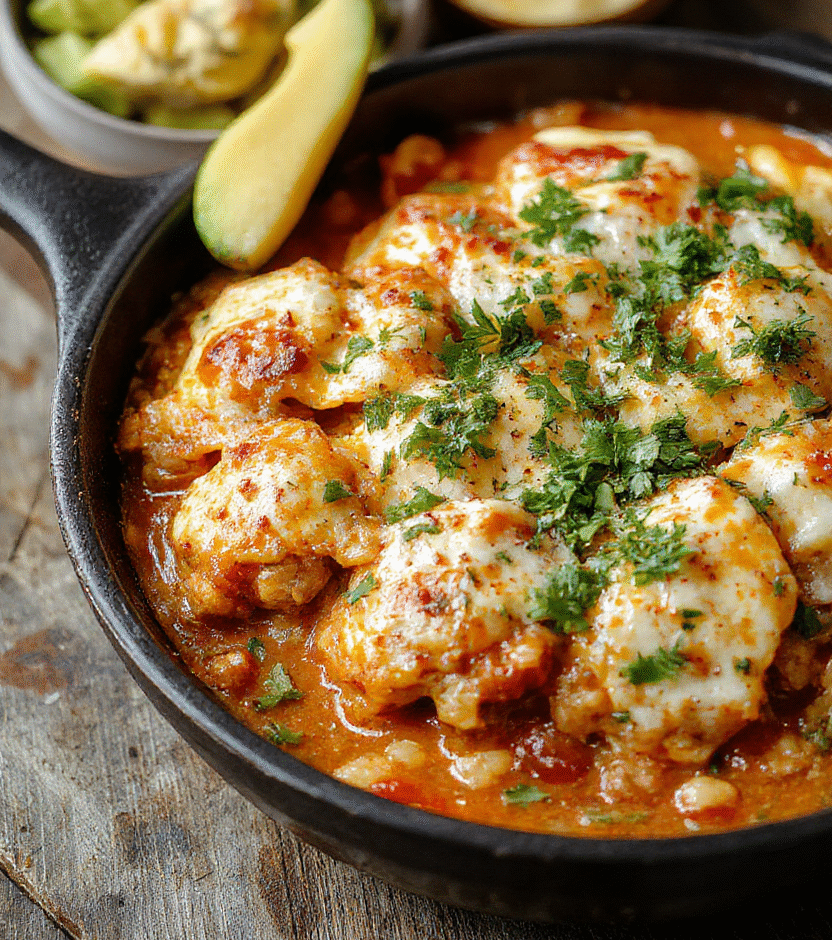 Colorful enchilada skillet featuring layers of melted cheese, vibrant red enchilada sauce, fresh chopped herbs, and golden-brown baked tortillas arranged in a rustic skillet style.