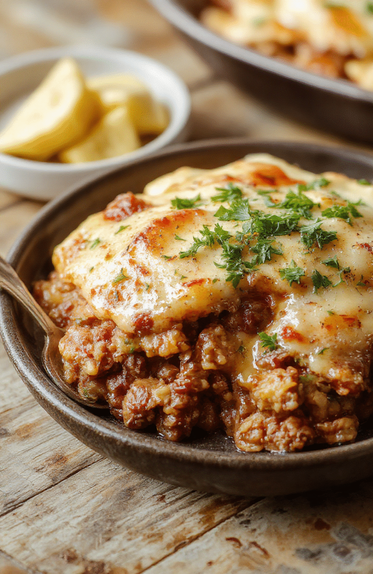 A savory ground beef hobo casserole topped with melted cheese, served in a rustic pie dish with vibrant vegetables in the background, styled casually with a fork and napkin, emphasizing warm tones and hearty textures.
