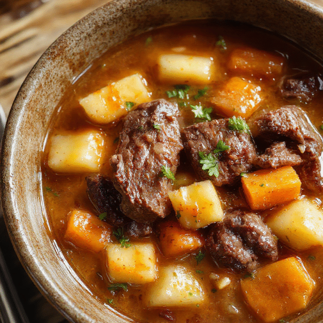 A rustic bowl of hearty beef stew filled with tender chunks of beef, potatoes, carrots, and celery in a rich gravy, garnished with fresh herbs, styled on a wooden table with a warm, inviting atmosphere.