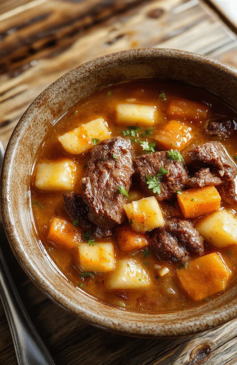 A rustic bowl of hearty beef stew filled with tender chunks of beef, potatoes, carrots, and celery in a rich gravy, garnished with fresh herbs, styled on a wooden table with a warm, inviting atmosphere.