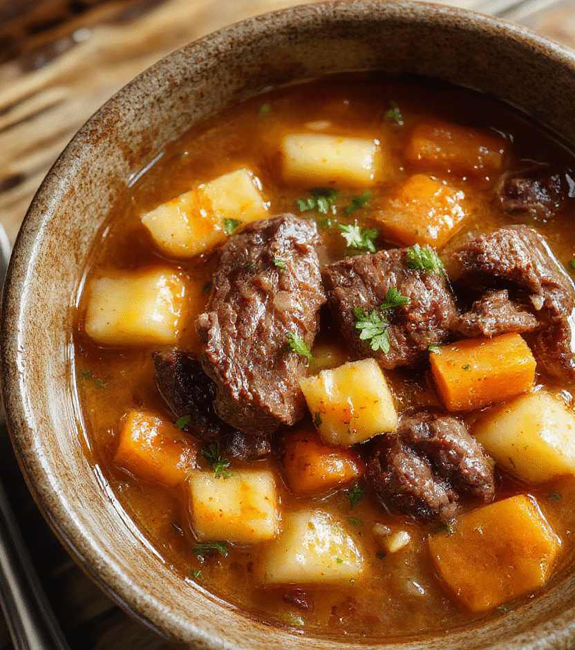 A rustic bowl of hearty beef stew filled with tender chunks of beef, potatoes, carrots, and celery in a rich gravy, garnished with fresh herbs, styled on a wooden table with a warm, inviting atmosphere.
