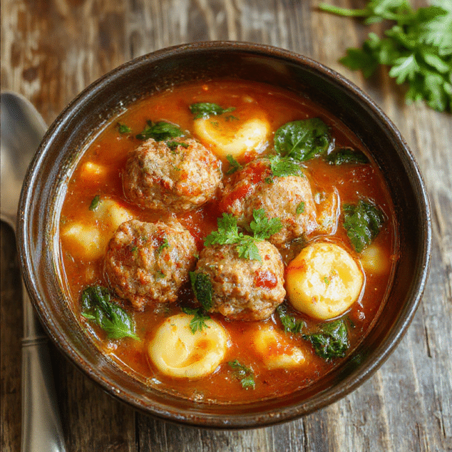 A vibrant bowl of meatball tortellini soup featuring plump meatballs, tortellini pasta, spinach leaves, and a rich tomato broth, garnished with fresh herbs, on a rustic wooden table.
