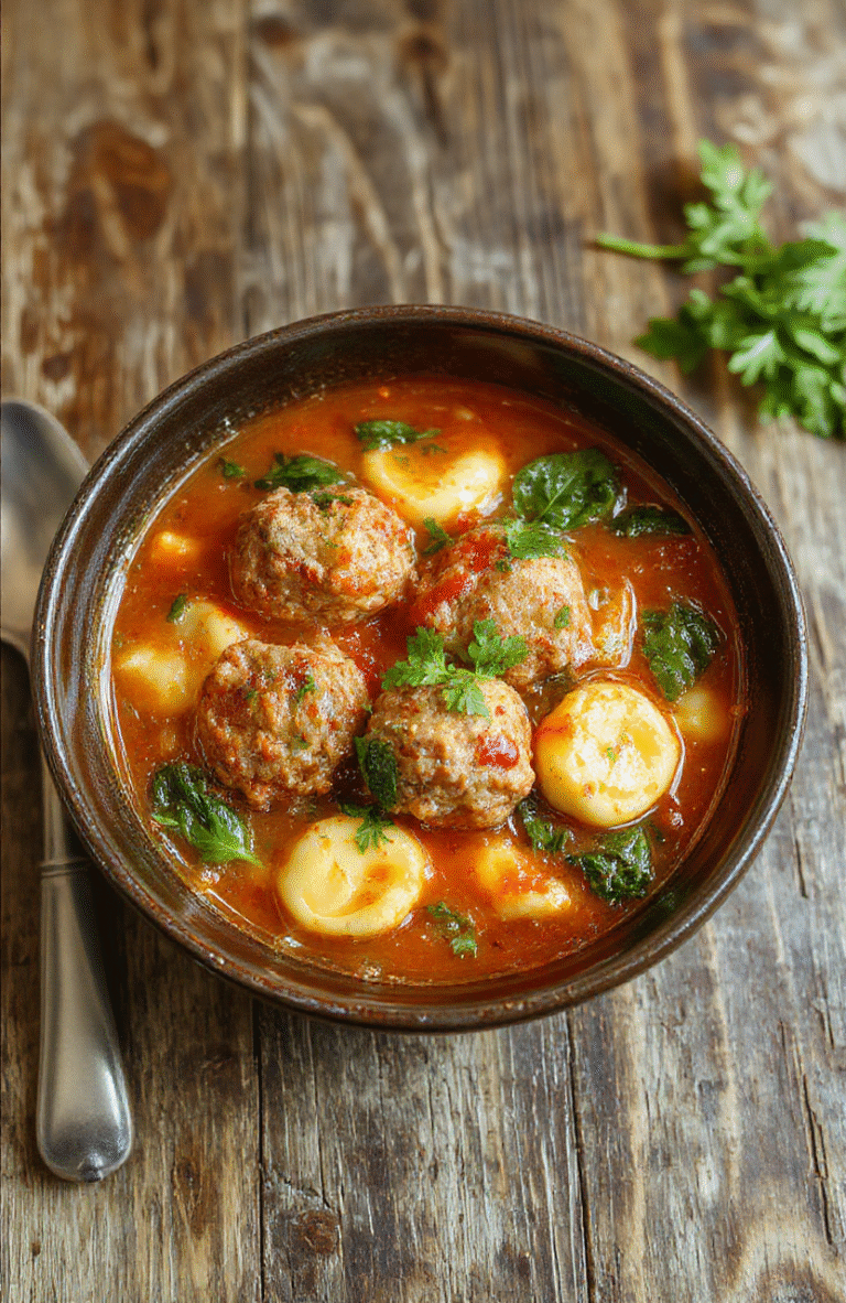 A vibrant bowl of meatball tortellini soup featuring plump meatballs, tortellini pasta, spinach leaves, and a rich tomato broth, garnished with fresh herbs, on a rustic wooden table.
