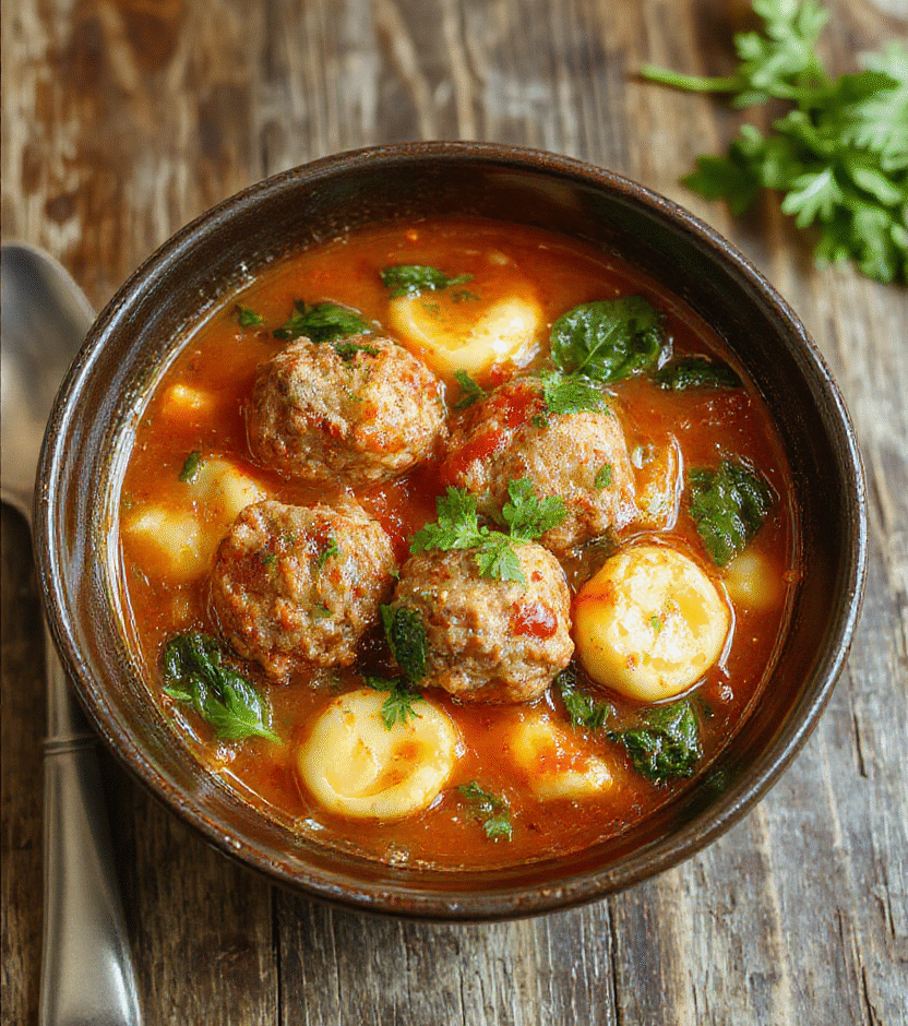 A vibrant bowl of meatball tortellini soup featuring plump meatballs, tortellini pasta, spinach leaves, and a rich tomato broth, garnished with fresh herbs, on a rustic wooden table.