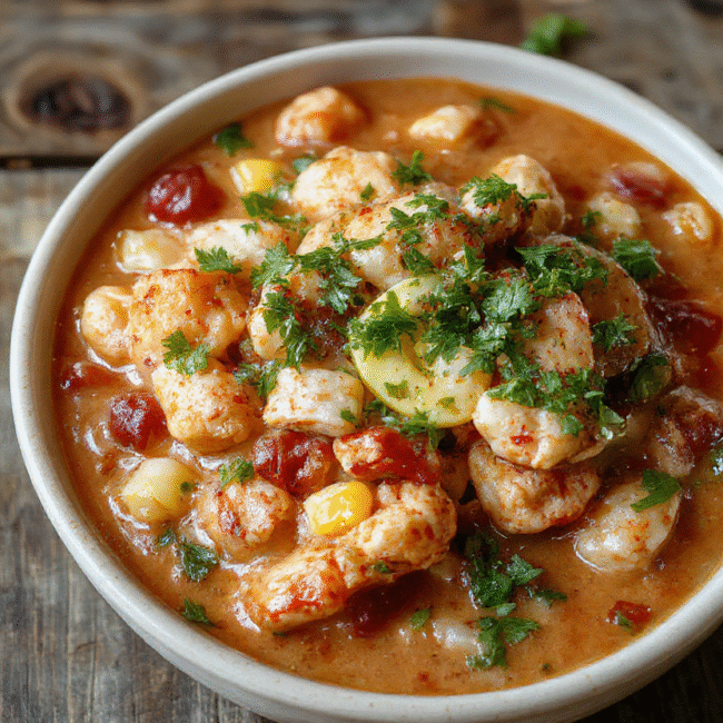 A vibrant bowl of creamy white chicken chili topped with charred corn kernels, chopped cilantro, and a squeeze of lime, served on a rustic wooden table with a side of tortilla chips, capturing the colorful and textured appeal of Mexican-inspired comfort food.