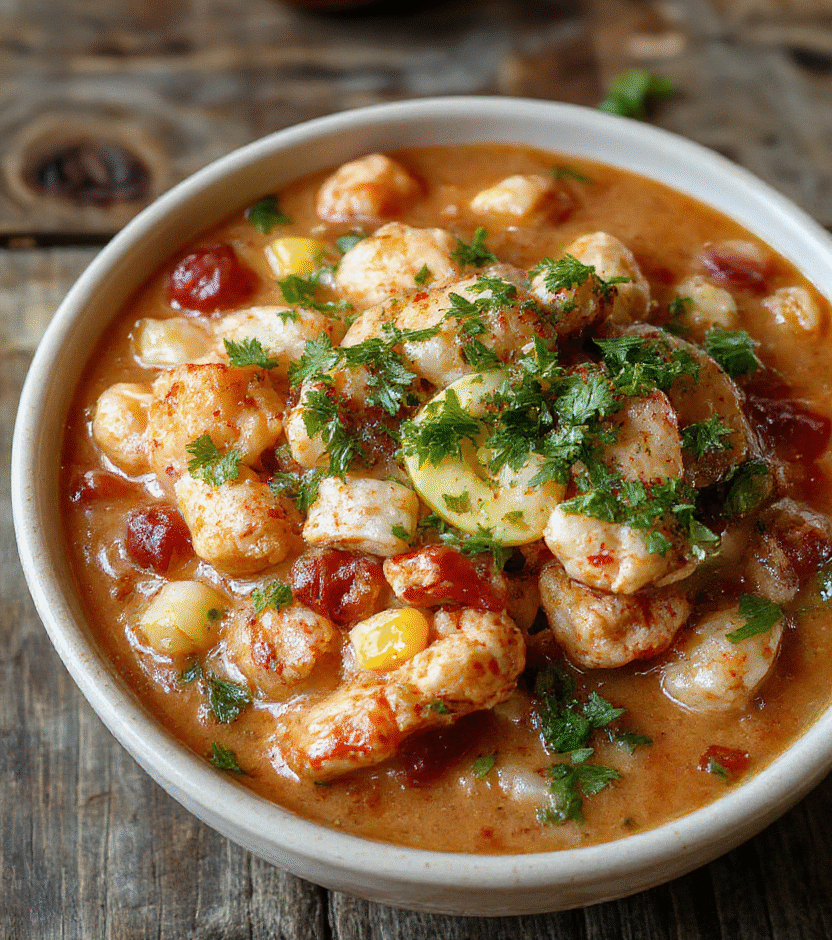 A vibrant bowl of creamy white chicken chili topped with charred corn kernels, chopped cilantro, and a squeeze of lime, served on a rustic wooden table with a side of tortilla chips, capturing the colorful and textured appeal of Mexican-inspired comfort food.