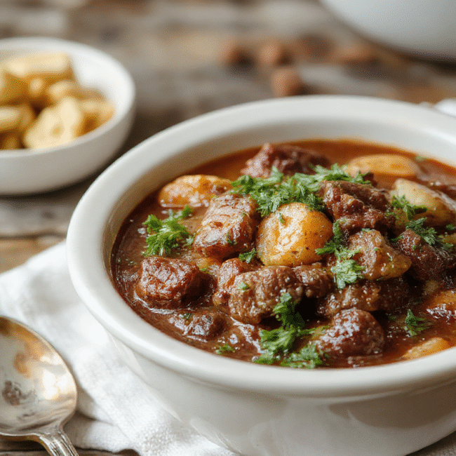 A rustic bowl of hearty beef stew filled with tender chunks of beef, carrots, potatoes, and celery in a rich, thick gravy. The stew is garnished with fresh herbs, served on a wooden table with a cozy background, capturing the warm, inviting textures and vibrant colors of the ingredients.