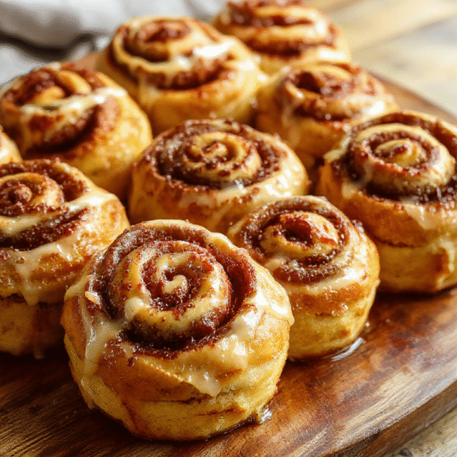 A close-up of freshly baked pumpkin cinnamon rolls with a swirl of cinnamon filling, topped with icing, arranged on a rustic wooden platter in warm lighting, emphasizing their soft, fluffy texture and appealing golden-brown crust.