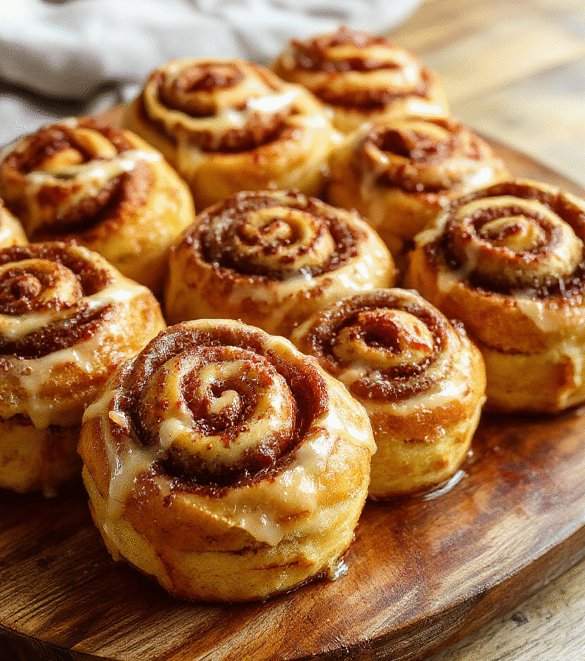 A close-up of freshly baked pumpkin cinnamon rolls with a swirl of cinnamon filling, topped with icing, arranged on a rustic wooden platter in warm lighting, emphasizing their soft, fluffy texture and appealing golden-brown crust.
