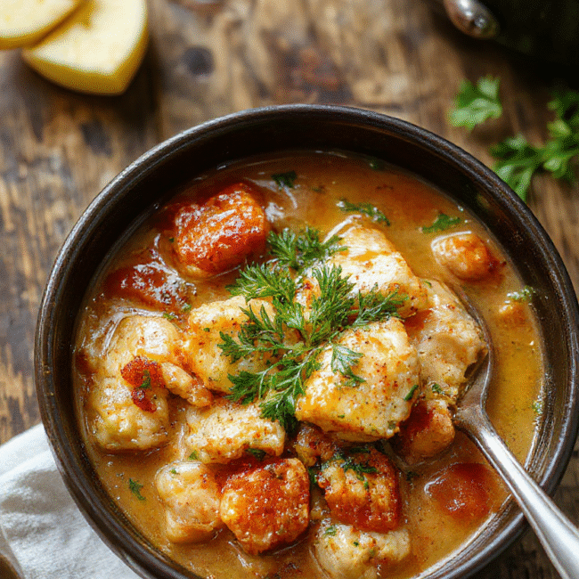 A bowl of hearty chicken stew with tender chunks of chicken, carrots, potatoes, and celery, topped with fresh herbs. The stew is served in a rustic white bowl on a wooden table, with steam rising and a warm, inviting atmosphere.